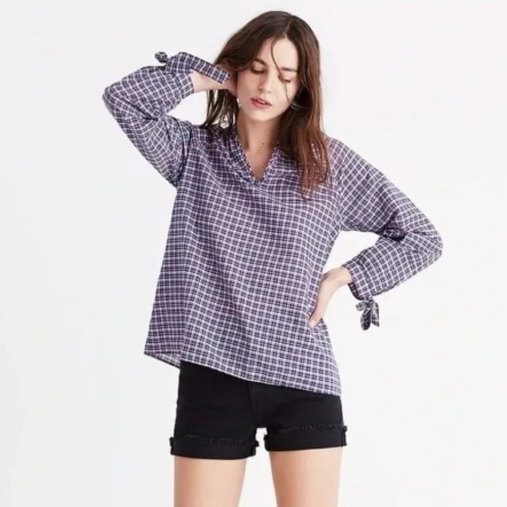 Madewell‎ Tie-Sleeve Popover Top in Whitby Plaid Cotton Linen Blend Size Medium
